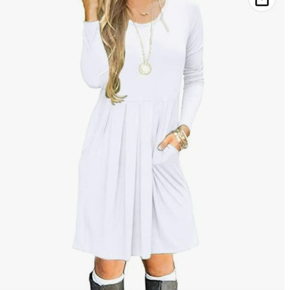 Long Sleeve Pleated Loose Swing Casual Dress with Pockets Knee Length
